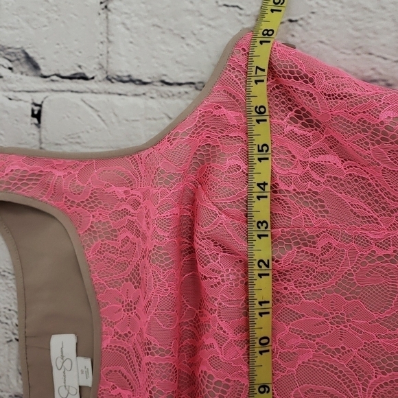 Jessica Simpson Tank Dress Fit Flare Pockets Salmon Pink Lace over Taupe 10 EUC - Picture 9 of 13
